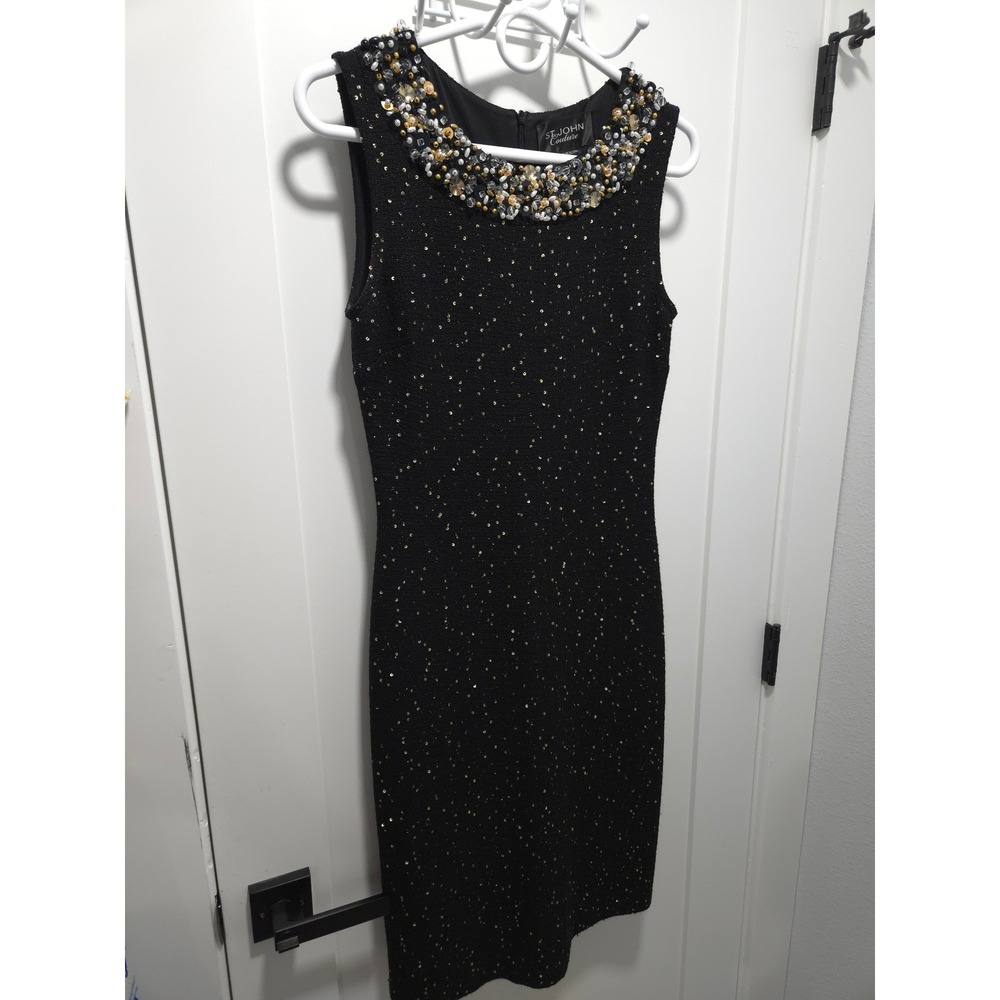 St John Couture Black Sequin Santana Knit Hand Beaded Dress Size 2 Made in USA - Picture 2 of 16